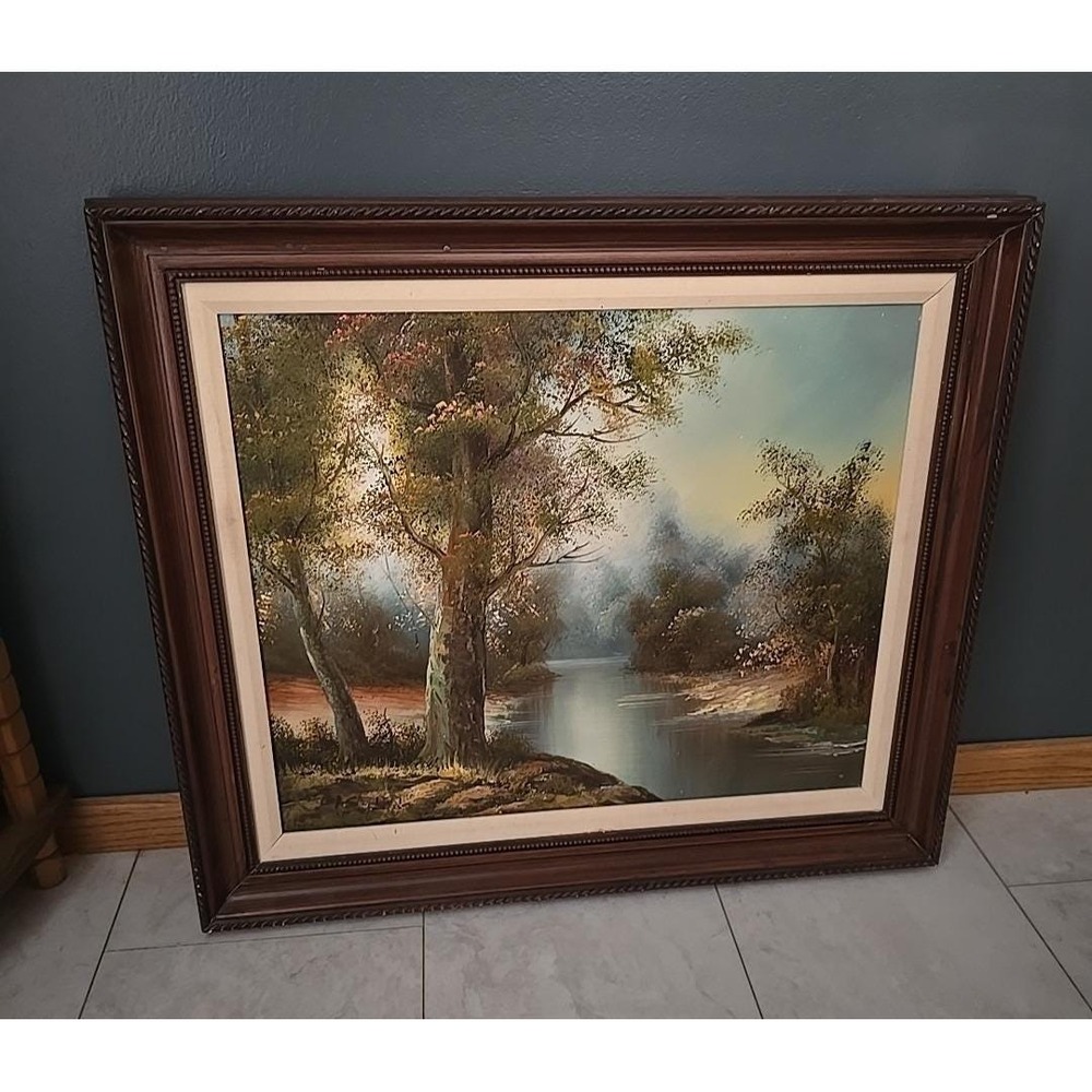 Vtg Signed Irene‎ Cafieri Forest Landscape River Oil Painting Wood Frame 26"x30"
